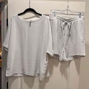 Zenana Outfitters Light Gray  Textured Top and Shorts